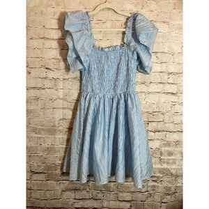 TCEC Smocked Babydoll Dress Medium Icy Blue Satin Puff Sleeve Romantic Feminine